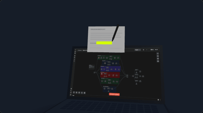 Ein Blatt wird gemessen, faltet sich zur Datenkarte und fliegt in einen Laptop — am Ende druckt sich der Ergebnisbericht mit markierter Zahl